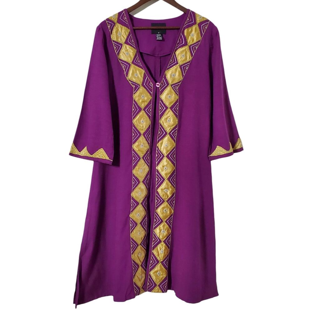 ASHRO Jacket Flax Embroidered Purple Gold Duster Size 16 Boho Bohemian Lagenlook